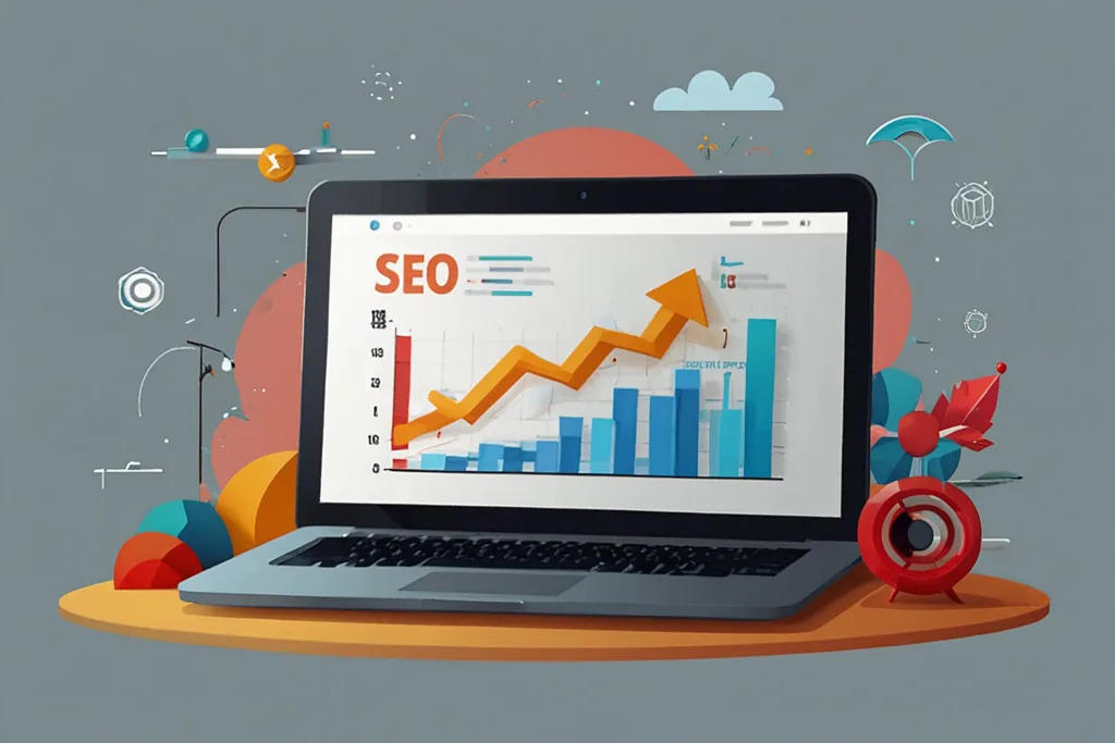 Digital marketer analyzing website performance and optimizing SEO strategy on laptop